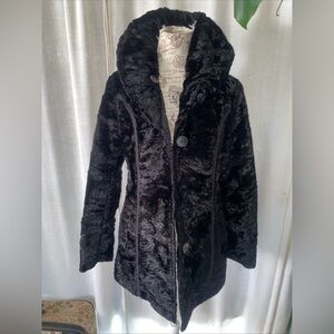 LAUNDRY By SHELLI SEGAL Black Faux Fur mid length Reversible 3/4 Coat